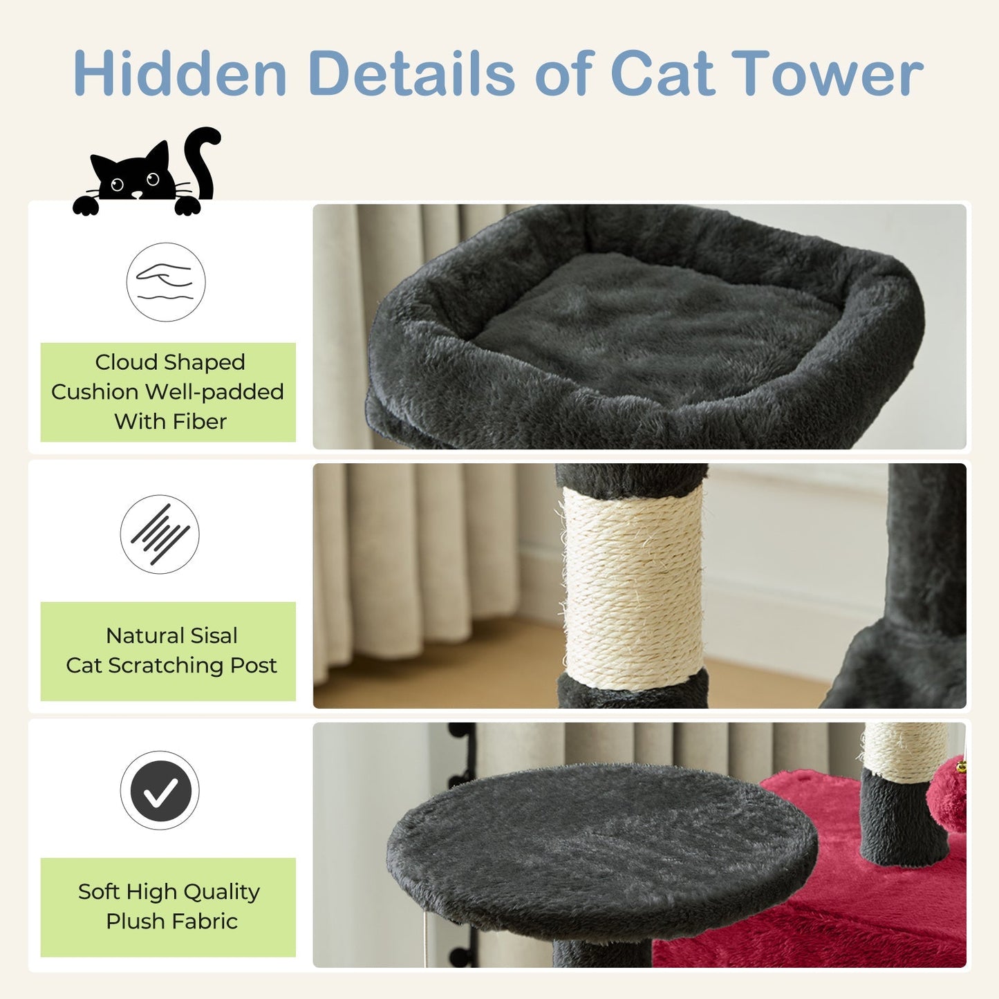 44-Inch Cat Tree Tower for Indoor Cats with Condo, Hammock & Natural Sisal Scratching Posts – Multi-Level Cat Furniture with Perches & Pet House for Multiple Cats, 5 Colors