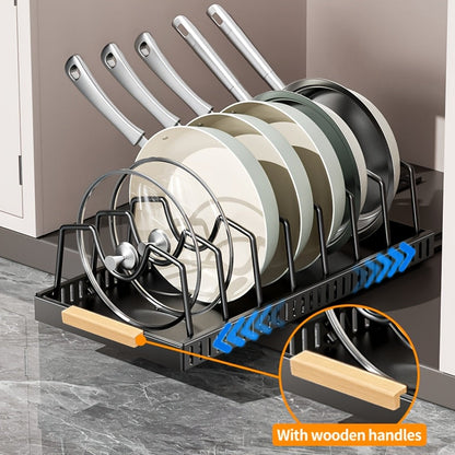 Pull-Out Pot & Pan Cabinet Organizer with Sliding Lid Rack – 8/16 Adjustable Dividers, Drill-Free Install, Kitchen Sliding Storage Box for Lids, Baking Tools & Plates – 1pc or 2pcs, Black & White