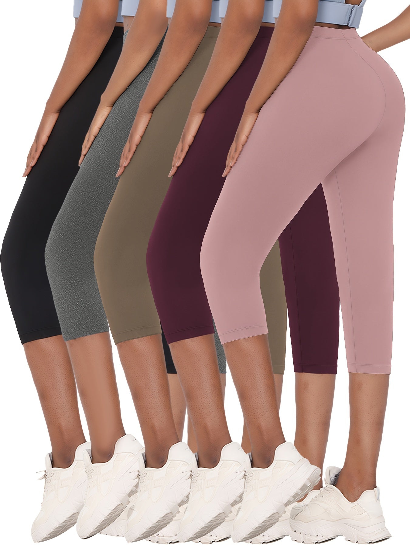 5 Pack Women's High-Elastic Capri Leggings – Opaque Non-See-Through 7/8 Length Workout Pants, 92% Polyester 8% Elastane Athletic Tights for Gym Running Yoga, Machine Washable, XS-XXL Mixed Colors