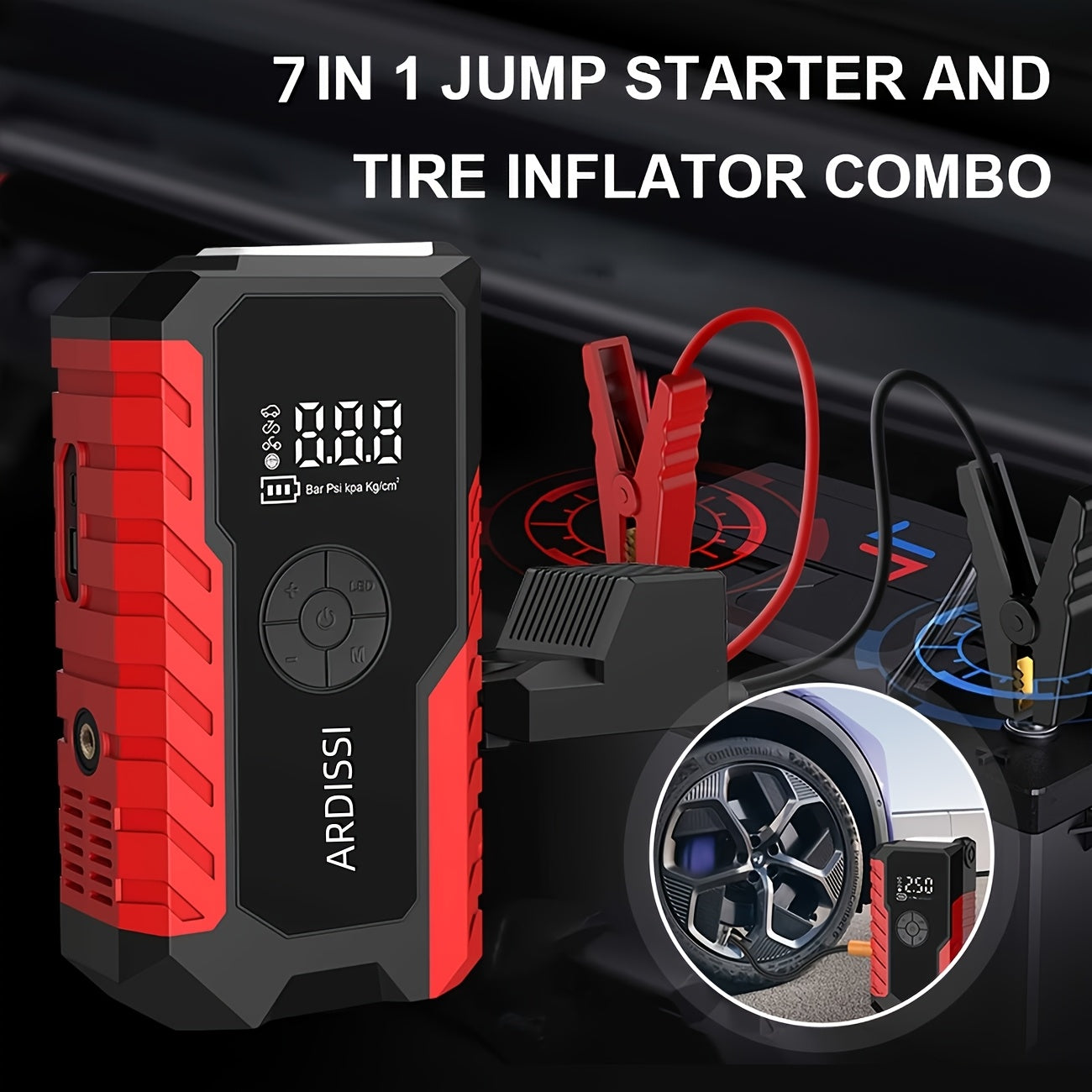 Portable Car Jump Starter 7-in-1 10000mAh 5000A Peak – 150PSI Digital Tire Inflator, LED Emergency Light & USB Charging for 12V Gas & Diesel Trucks SUVs Motorcycles – Holiday Gift for Men