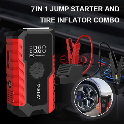 Portable Car Jump Starter 7-in-1 10000mAh 5000A Peak – 150PSI Digital Tire Inflator, LED Emergency Light & USB Charging for 12V Gas & Diesel Trucks SUVs Motorcycles – Holiday Gift for Men