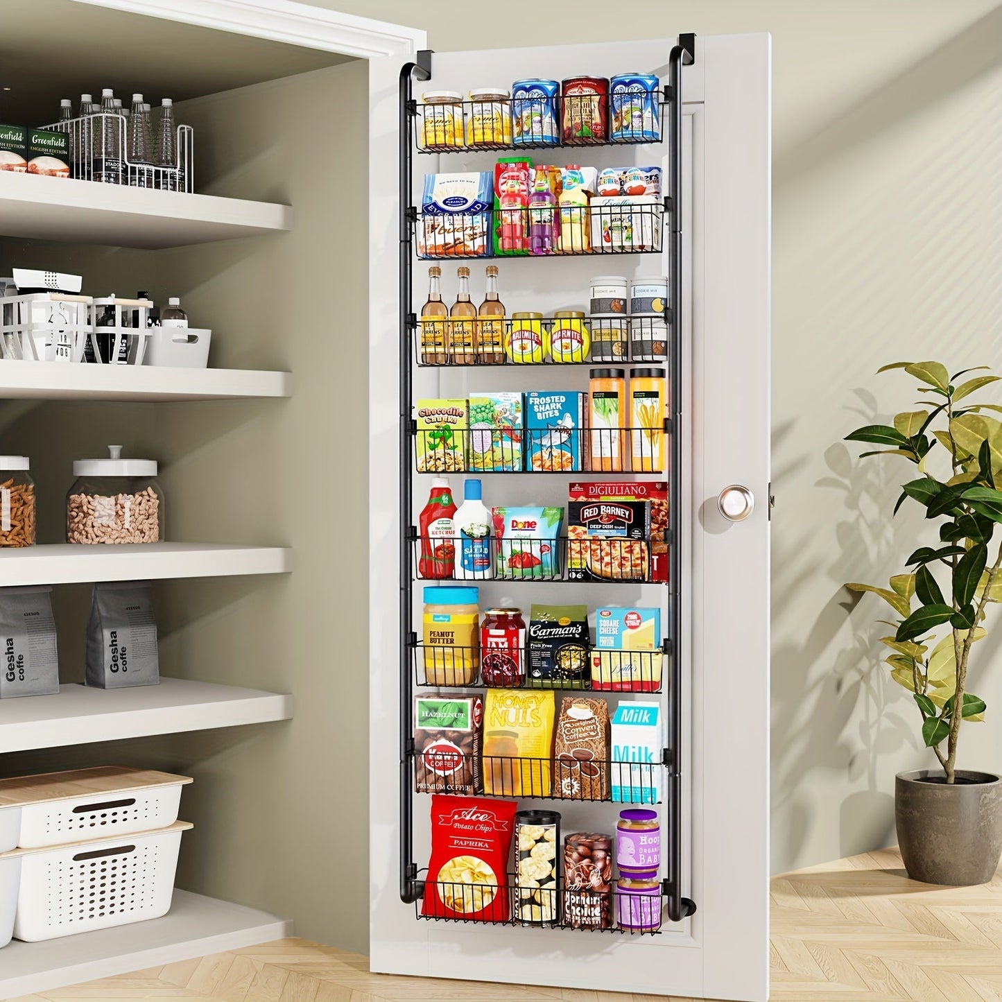 Over the Door Pantry Organizer 6 or 8 Shelf - Heavy-Duty Metal Hanging Storage Rack for Kitchen, Bathroom & Laundry Room, Space-Saving Spice & Food Organizer, Black or White