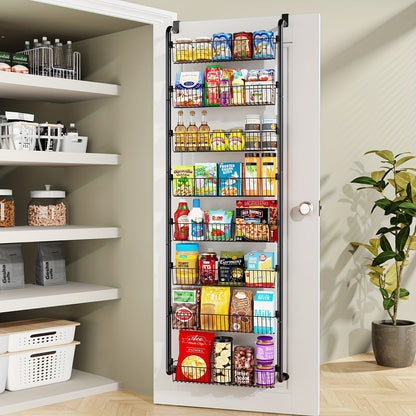 Over the Door Pantry Organizer 6 or 8 Shelf - Heavy-Duty Metal Hanging Storage Rack for Kitchen, Bathroom & Laundry Room, Space-Saving Spice & Food Organizer, Black or White