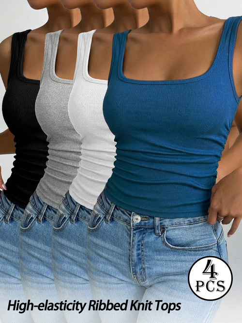 Women's Ribbed Tank Top 4-Pack – Fitted Sleeveless Crew Neck Pullover Vest in Solid Colors, High Stretch Fabric for Layering, Casual & Everyday Wear, Spring Summer Fall, Sizes S to XXL