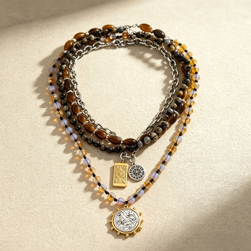 Boho Multi-Layer Tiger's Eye Beaded Necklace for Women – Vintage Nautical Compass Pendant Stackable Layered Clavicle Chain, Bohemian Statement Jewelry for Daily Party Vacation Gift