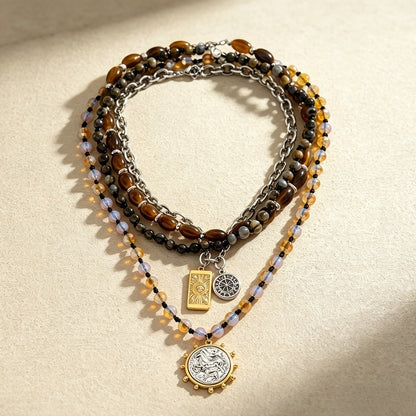Boho Multi-Layer Tiger's Eye Beaded Necklace for Women – Vintage Nautical Compass Pendant Stackable Layered Clavicle Chain, Bohemian Statement Jewelry for Daily Party Vacation Gift
