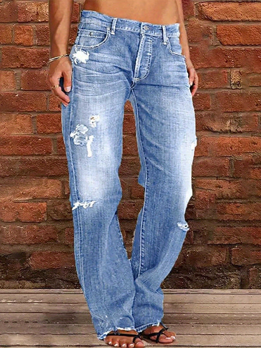 Women's Ripped Flare Wide Leg Jeans – Distressed Stretch Denim, Fashion Streetwear Casual Pants, Light Blue & Dark Blue, Sizes XS-XXL