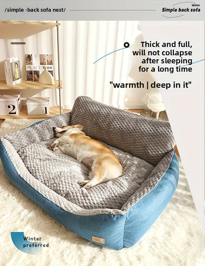 Luxury Plush Pet Sofa Bed with High Backrest – Thick Warm Washable Dog Bed for Large Medium Small Dogs & Cats, All-Season Comfort, Easy-Clean Cover, Sizes S L XL, Grey Blue
