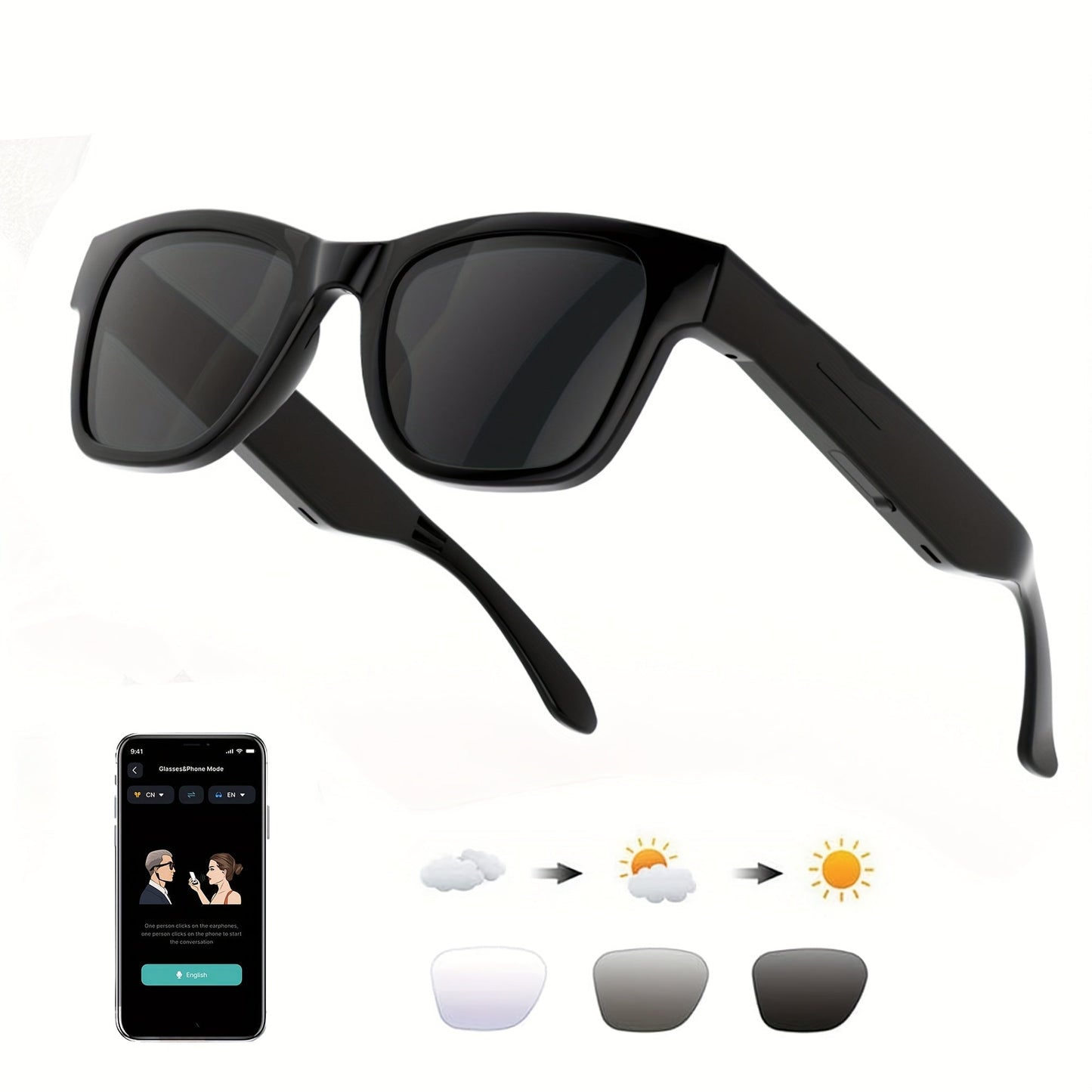 AI Smart Glasses Real-Time Translation 160+ Languages ChatGPT System Bluetooth 5.3 Built-in Mic Speaker – HD Voice Calls HiFi Music Smart Audio Glasses Unisex Men Women