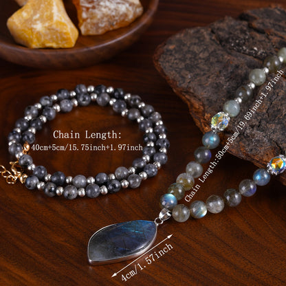 Labradorite & Moonstone Double Pendant Necklace Set 2pcs – Natural Stone Bohemian Jewelry with Aurora Borealis Effect, Spiritual Gift for Women, Teens, Mothers Day & Christmas