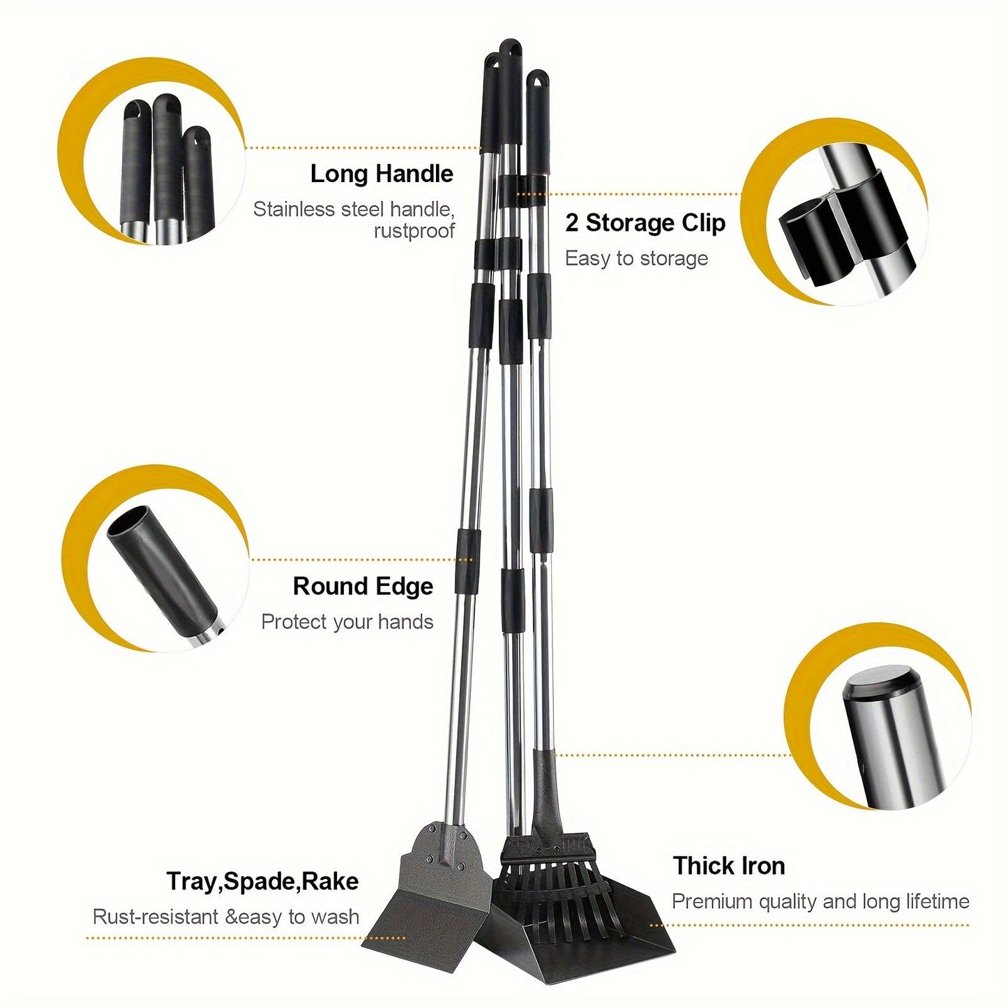 Stainless Steel Dog Pooper Scooper Set with Adjustable Long Handle – Rust-Proof Tray & Rake Pet Waste Removal Tool, No Bending, Easy to Clean, Ideal for All Dog Breeds, Outdoor Yard & Grass Use