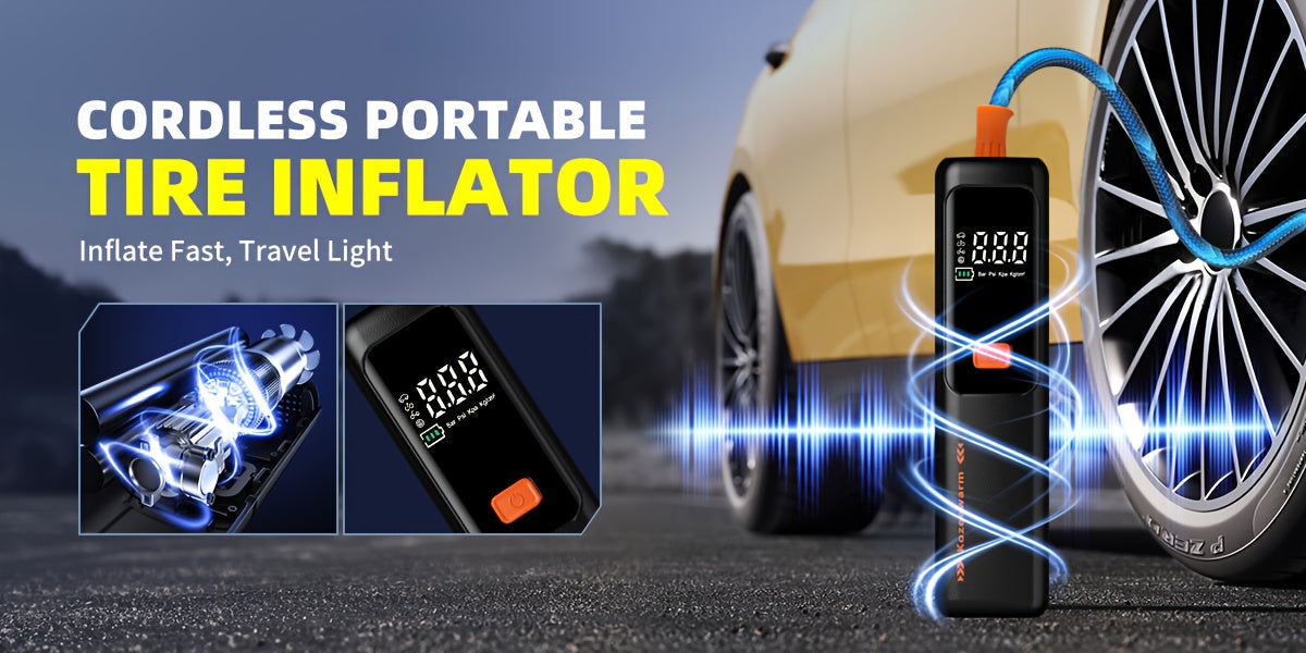 Cordless Tire Inflator Portable Air Compressor with Digital Pressure Gauge, USB Rechargeable, 3X Fast Inflation for Car, SUV, Truck, Bike, Motorcycle, Ball & Sports Equipment – Compact Auto Air Pump