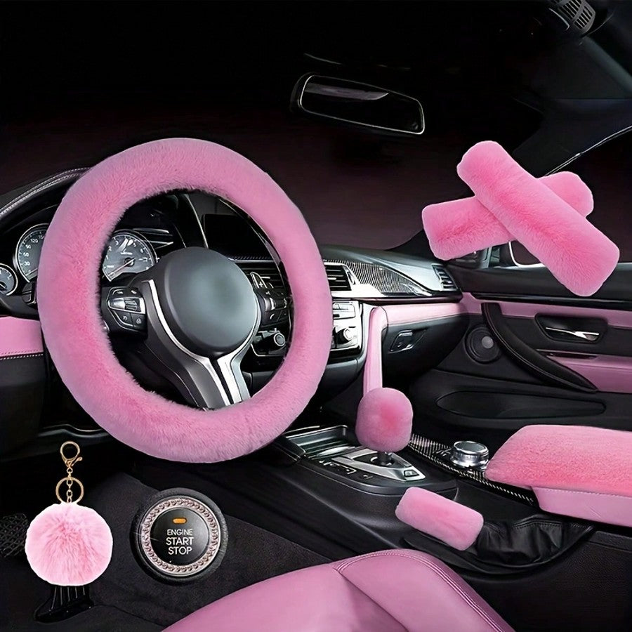 Fluffy Plush Car Steering Wheel Cover 8-Piece Interior Set - Rex Rabbit Fur Universal Fit 14.5-15 Inch, Cute Women's Car Accessories in 12 Colors for SUV Sedan Truck, Pink Purple Black & More