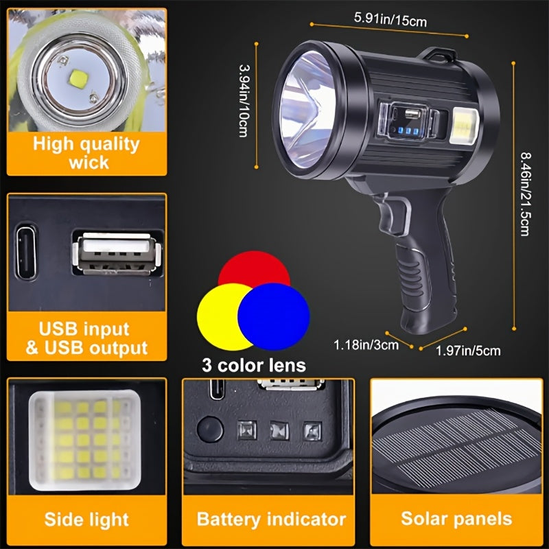 LED Rechargeable Flashlight 6 Modes 3 Color Filters USB & Solar Charging IPX4 Waterproof Tactical Flashlight for Camping Hiking Hunting Boating – Christmas & Holiday Gift