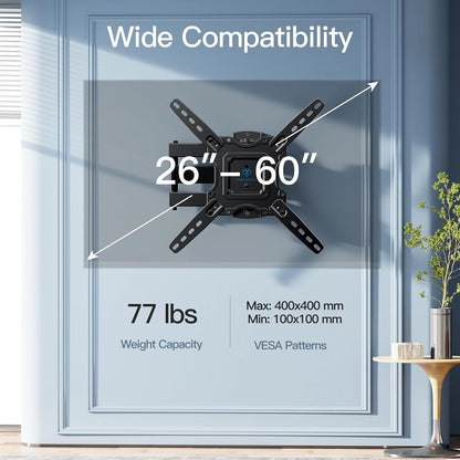 Full Motion TV Wall Mount for 26-60 Inch TVs Up to 77 lbs Swivel Tilt Extension Arm Stainless Steel TV Bracket Max VESA 400x400mm Fits Most Flat Curved Screen TVs