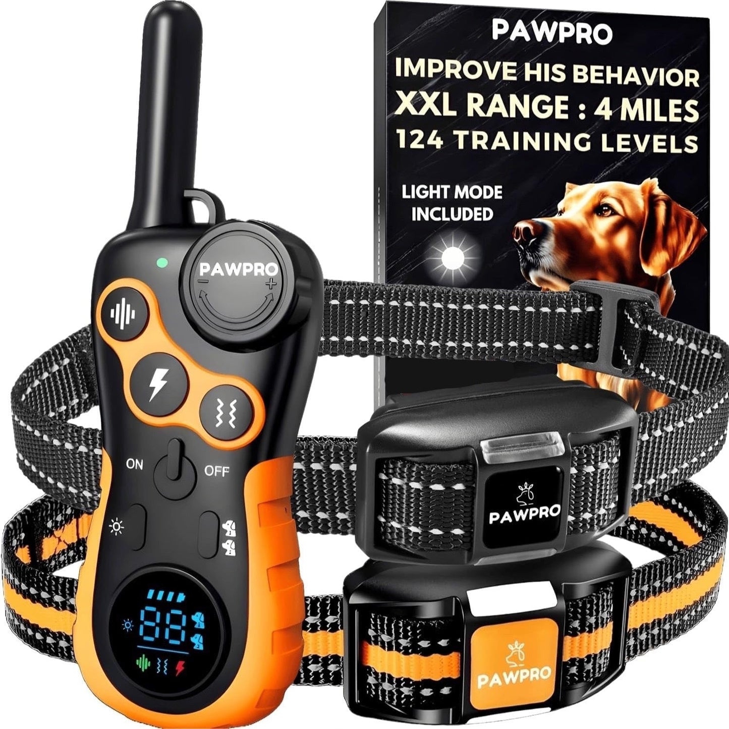 Dog Training Collar with Remote 4-Mile Range – 124 Adjustable Levels 4 Modes Beep Vibration Shock Night-Light Rechargeable E-Collar for Dogs 5–135 lbs with Training Guide
