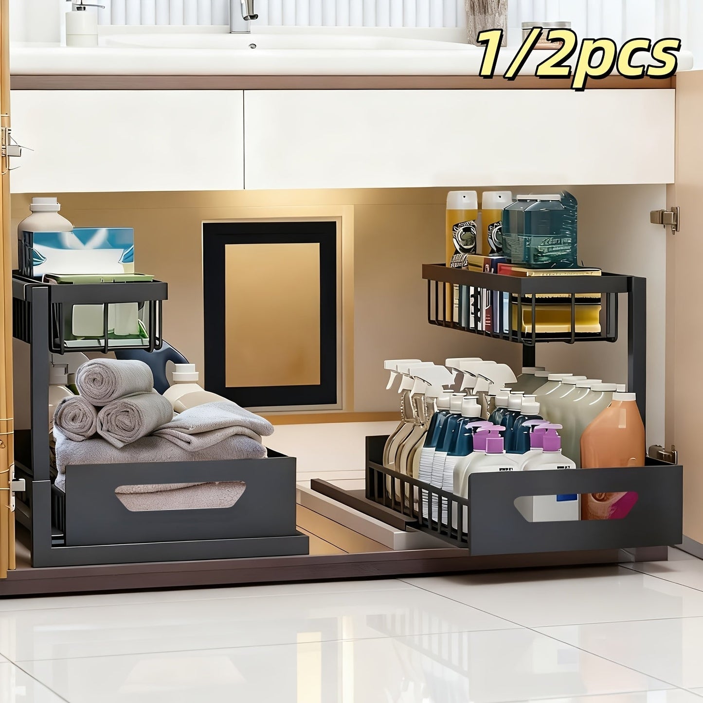Under Sink Organizer 2 Tier Pull Out Cabinet Storage Organizer with Metal Sliding Drawers Kitchen Bathroom Tabletop Organizer and Storage Rack Accessories