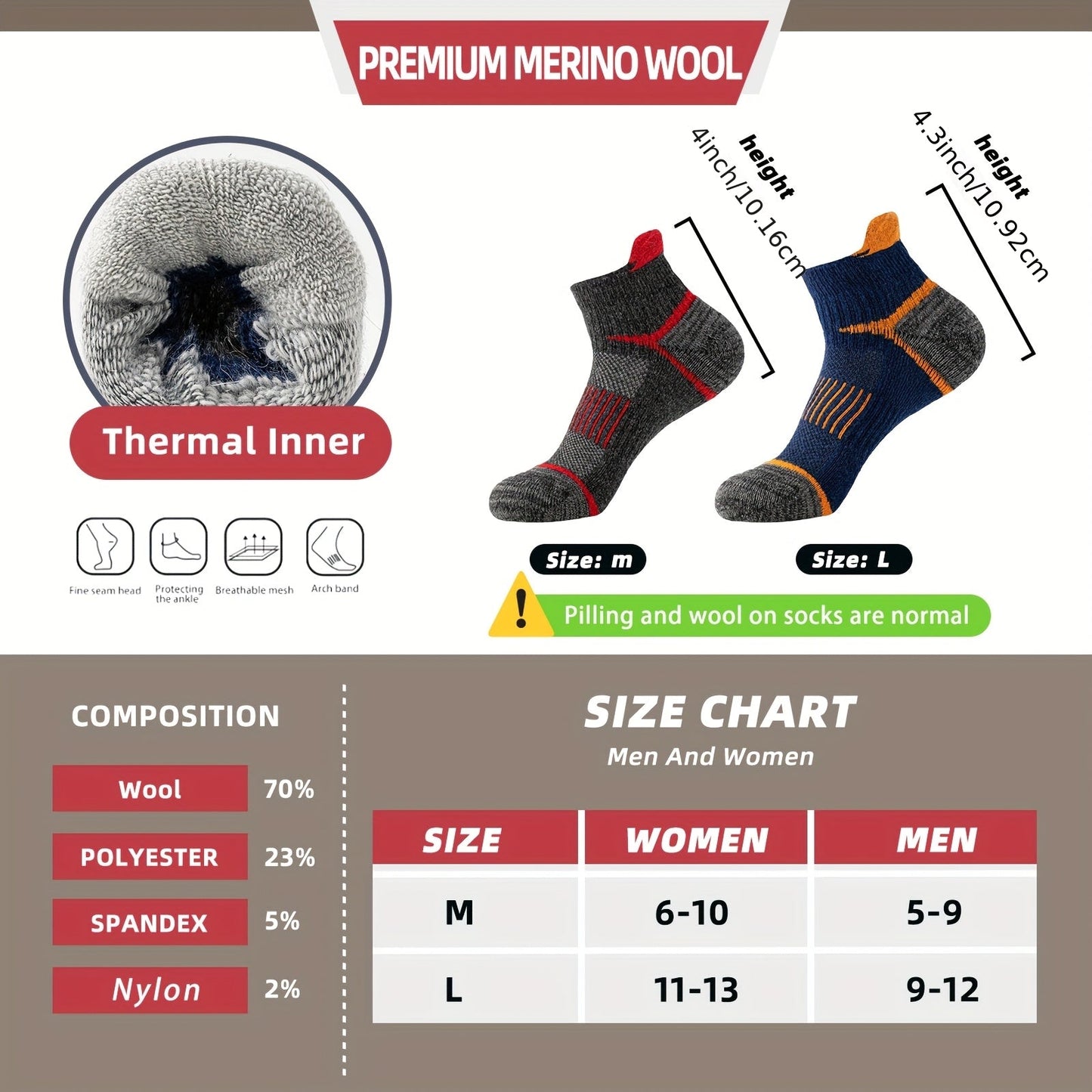 6 Pairs Merino Wool Hiking Socks for Men & Women, Cushioned Ankle Running Work Socks with Compression Support, Sweat-Absorbing Breathable Low Cut Invisible Design – Great Gift Idea