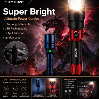 SKYFIRE 5000 Lumen LED Flashlight Rechargeable with Ignition Lens, Adjustable Focus & 4 Modes – Super Bright High Lumen Tactical Flashlight for Camping, Outdoor, Farm & Emergency Family Use