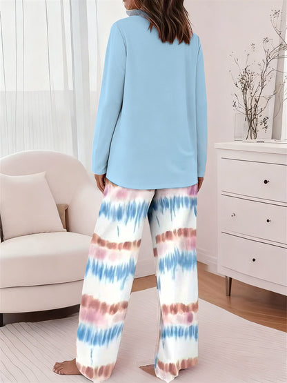 Women's Two-Piece Outfit Set - Gradient Wide-Leg Palazzo Pants & Long Sleeve Printed Round Neck Top, Casual Loose Matching Lounge Set for Everyday Vacation Travel, Sizes S-XXL