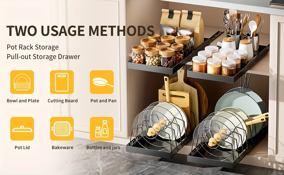 Pull-Out Pot & Pan Cabinet Organizer with Sliding Lid Rack – 8/16 Adjustable Dividers, Drill-Free Install, Kitchen Sliding Storage Box for Lids, Baking Tools & Plates – 1pc or 2pcs, Black & White
