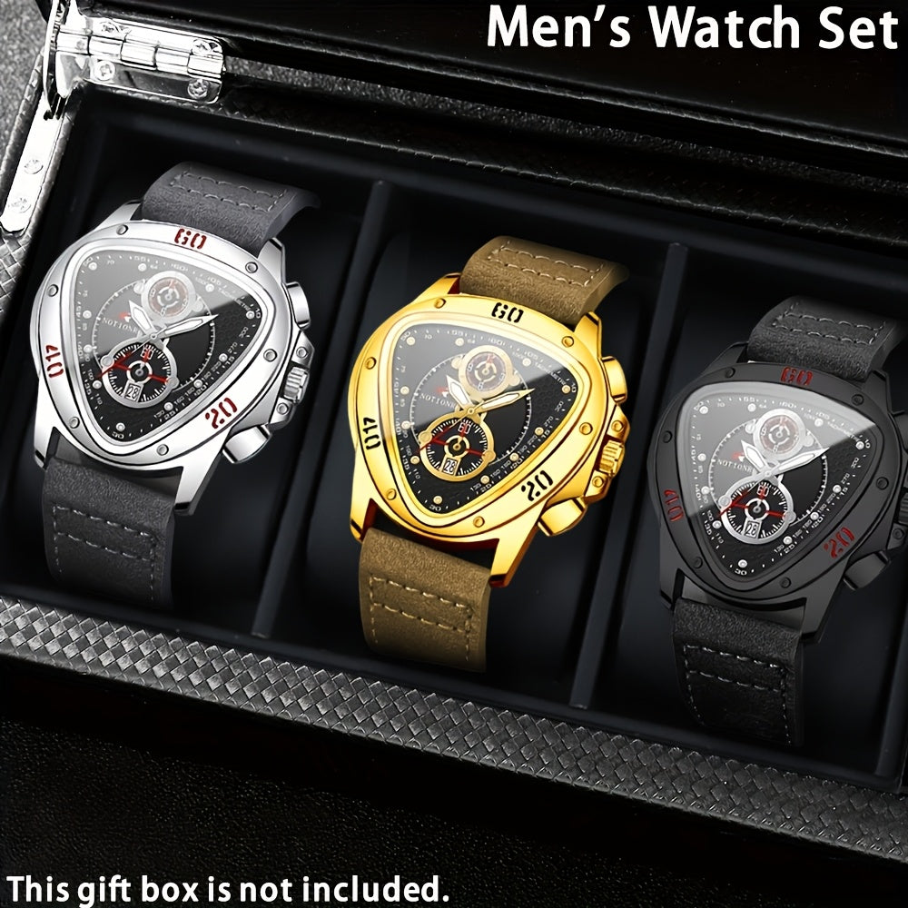 3pcs Men's Quartz Watch Set – Silicone Strap Date Display Triangular Dial, Fashion Sport Casual Wrist Watches for Men, Ideal Birthday Anniversary Gift Set