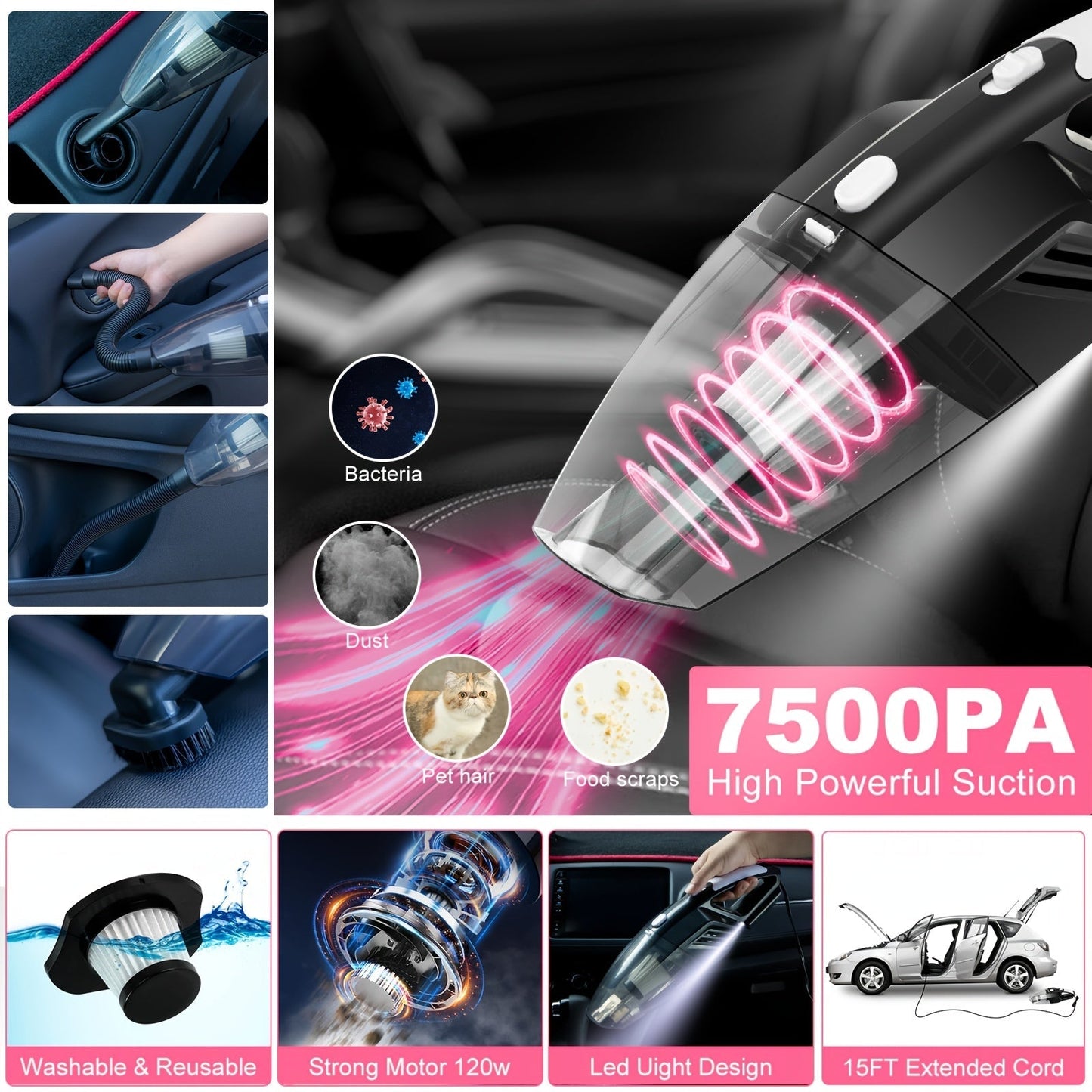 41-Piece Car Wash & Detailing Kit with 120W Handheld Vacuum Cleaner – Foldable Bucket, Windshield Tool, Snow Shovel, Tire Brush, Interior & Exterior Complete Car Care Set, Pink / Black / Blue