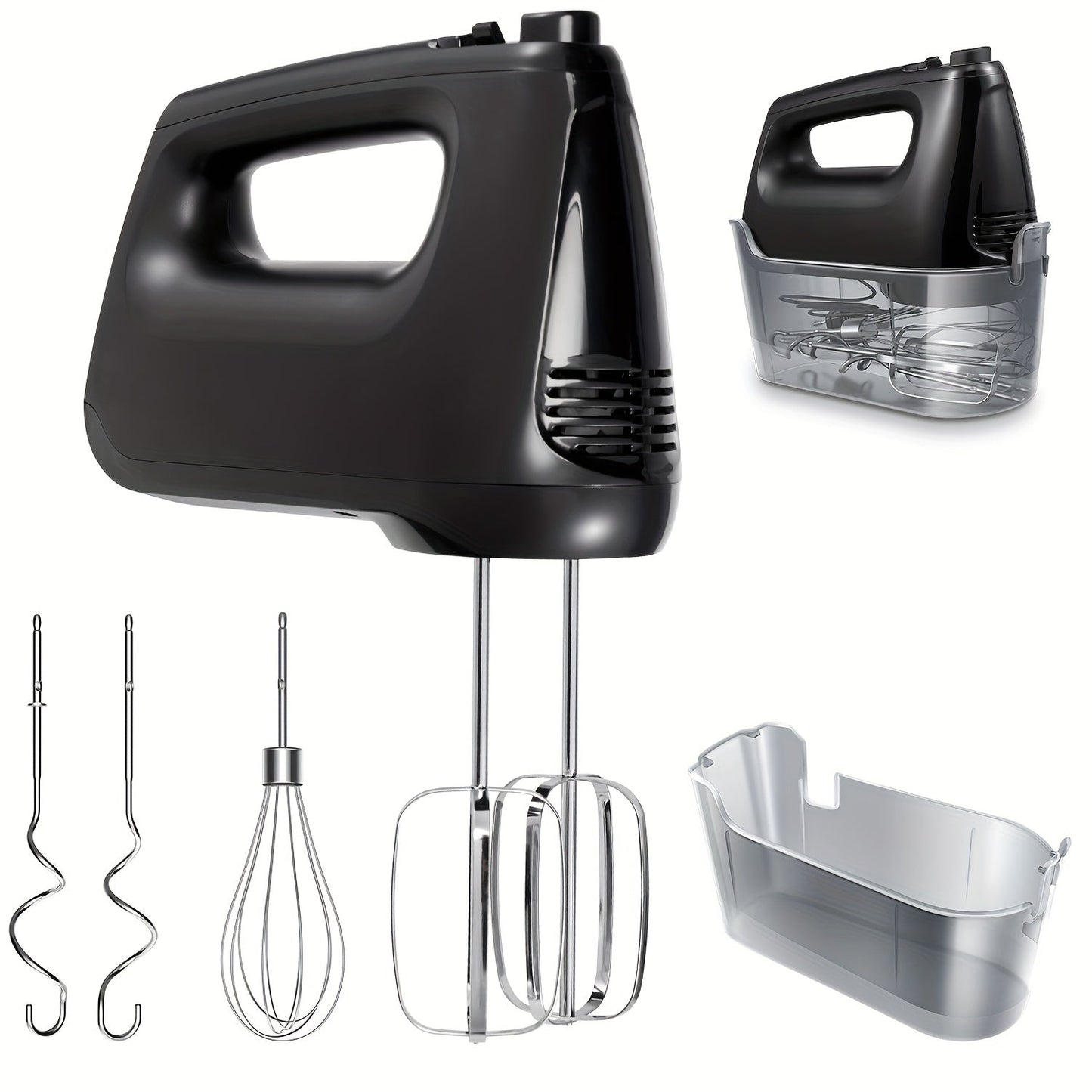 Electric Hand Mixer 5-Speed Plus Turbo with Storage Case & 5 Stainless Steel Attachments - 2 Beaters, 2 Dough Hooks, 1 Whisk, Handheld Kitchen Mixer for Baking, Silver