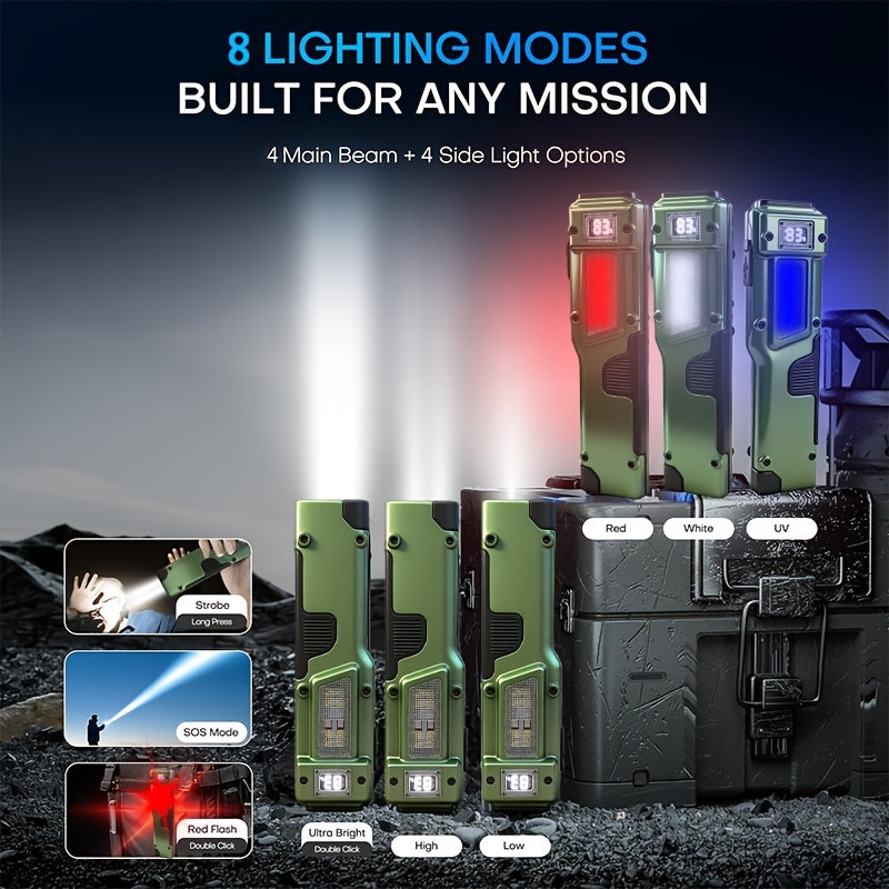 Rechargeable EDC Flat Flashlight 3000 Lumens – Tactical LED UV Flashlight 8 Modes 100M Range, Aluminum Body Digital Display, USB Rechargeable 18650 Battery, Camping Hiking Emergency Gift for Men
