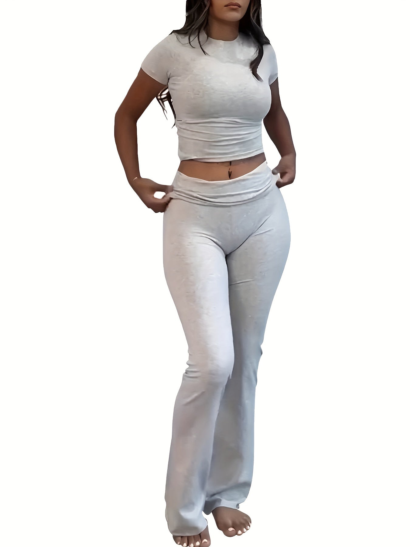 Women's Two-Piece Outfit Set - Slim Fit Short Sleeve Crew Neck T-Shirt & Skinny Flared Leg Pants, Casual Solid Color Matching Loungewear Tracksuit for Everyday Streetwear, Sizes XS-XL
