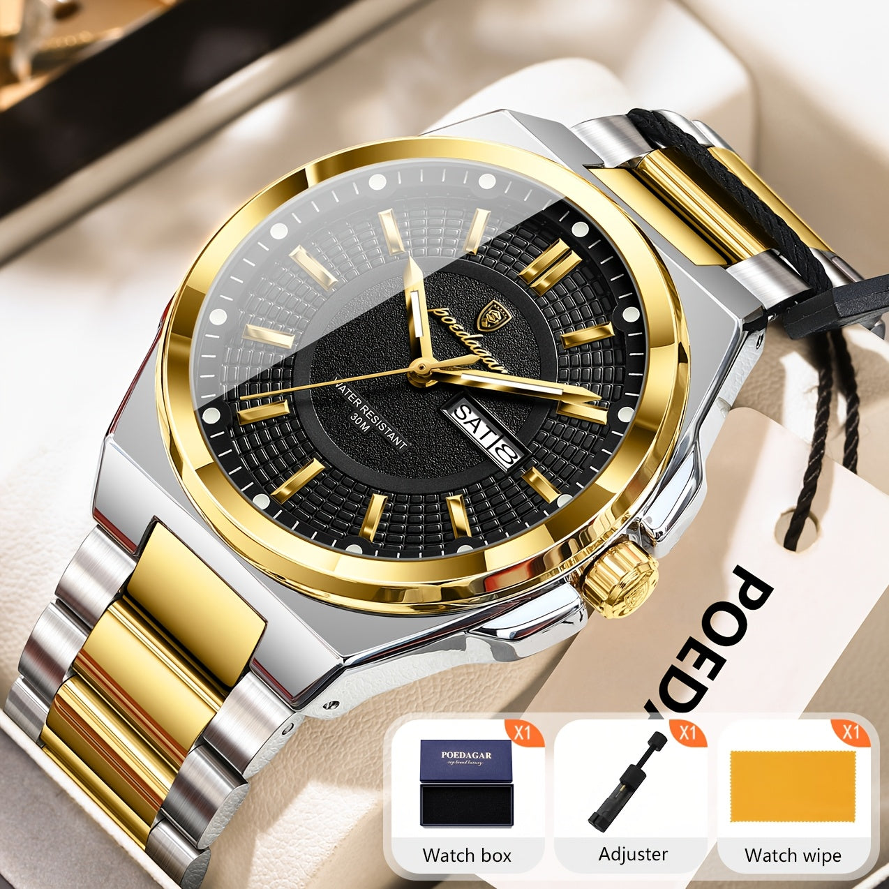 POEDAGAR Men's Quartz Watch Waterproof Luminous Stainless Steel Wristwatch with Weekly Calendar Display – Classic Elegant Design, Perfect Gift for Men, Multiple Color Options