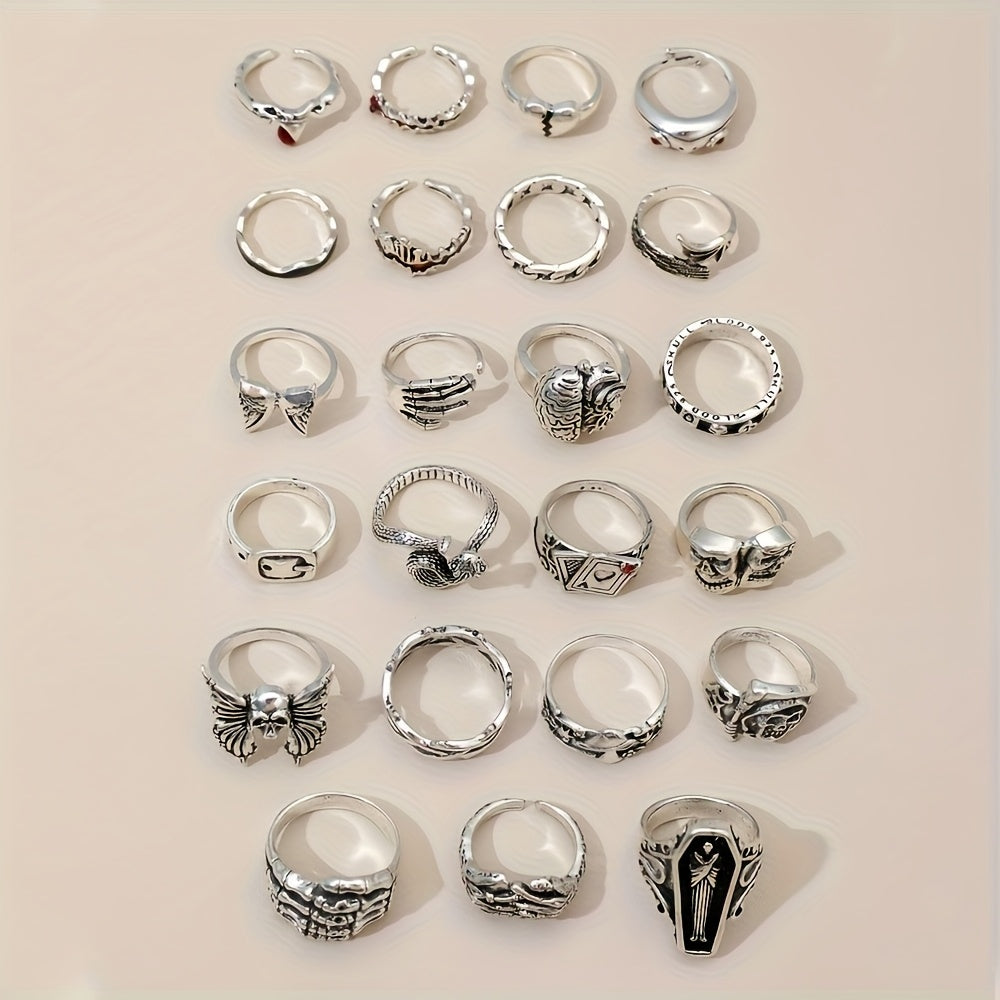 24pcs Retro Punk Ring Set for Women Men – Dark Style Spider Skull Cross Vintage Gothic Rings, Adjustable Stackable Jewelry for Daily Wear, Party, Halloween & Gift