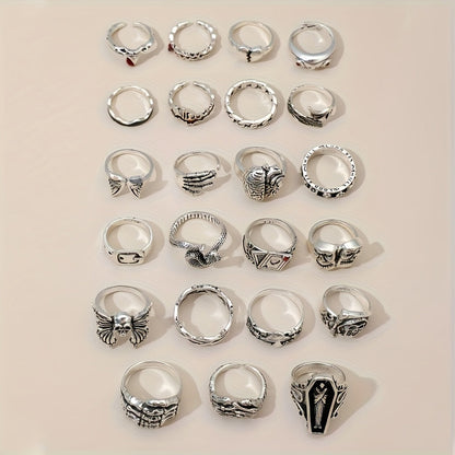 24pcs Retro Punk Ring Set for Women Men – Dark Style Spider Skull Cross Vintage Gothic Rings, Adjustable Stackable Jewelry for Daily Wear, Party, Halloween & Gift
