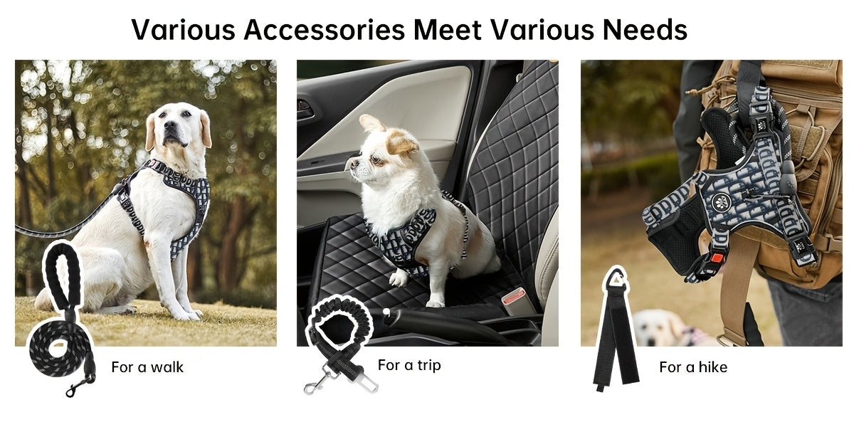 No Pull Dog Harness Set with Leash Retractable Seatbelt & Collar – Fully Reflective Adjustable Breathable Vest Harness with Handle for Small & Large Dogs XS–XL