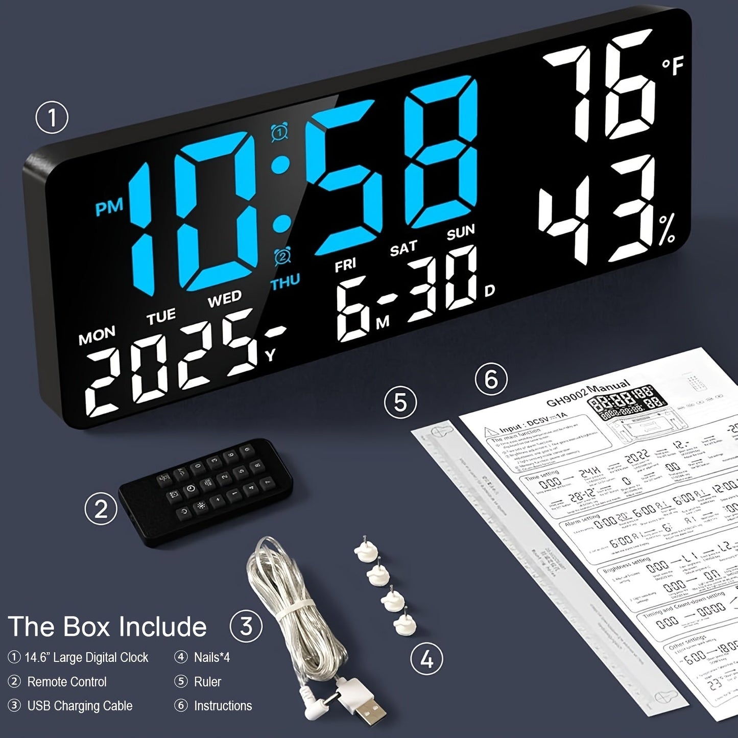 Large Screen LED Alarm Clock 15 Inch Auto-Dimming with Remote Control | Digital Clock Time Date Week Temperature Humidity Timer | Bedroom Bedside Senior-Friendly Living Room Office Desk