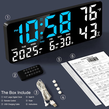 Large Screen LED Alarm Clock 15 Inch Auto-Dimming with Remote Control | Digital Clock Time Date Week Temperature Humidity Timer | Bedroom Bedside Senior-Friendly Living Room Office Desk