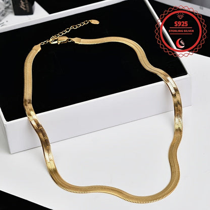8mm Wide Herringbone Chain Necklace 24K Gold Plated 925 Sterling Silver Bold Flat Snake Chain for Women Men 18-24 Inch Italian Design Statement Jewelry