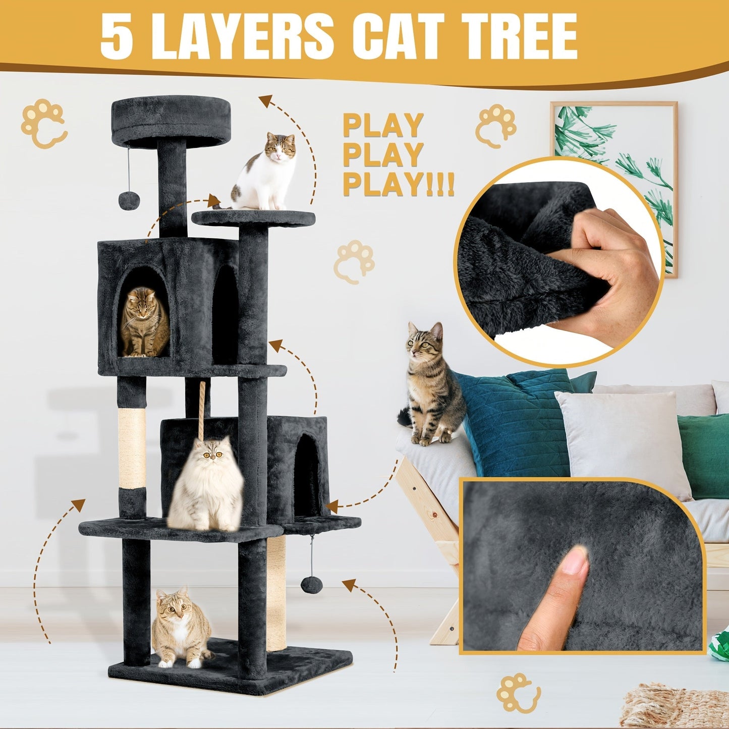 59" Multi-Level Cat Tower for Indoor Cats – Large Cat Tree with Plush Resting Area, Sisal Scratching Post & Hanging Ball Toy – Ideal for Bedroom, Living Room & Multi-Cat Households – Velora
