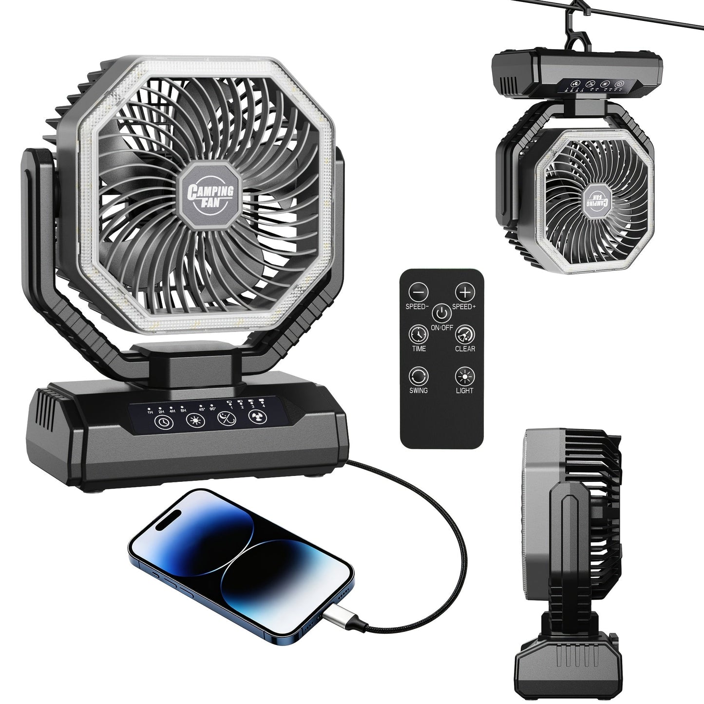 20000mAh Camping Fan with LED Light – 4 Wind Speeds, Brushless Motor, 180° Oscillation, 22-26H Battery Life, 3-in-1 Portable Outdoor Desk Fan for Camping, Hiking, Picnic & Emergency Use – 6 Colors