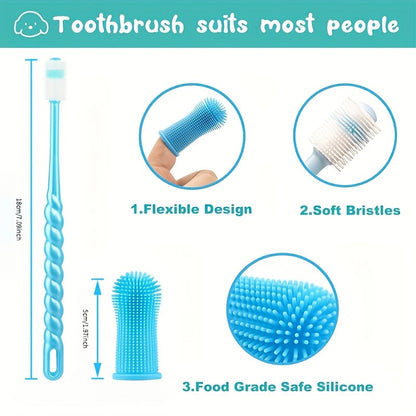 3-Piece Pet Dental Care Silicone Toothbrush Set 360° Finger Brush & Micro-Ciliated Brush for Dogs & Cats Soft Gentle No Battery Required