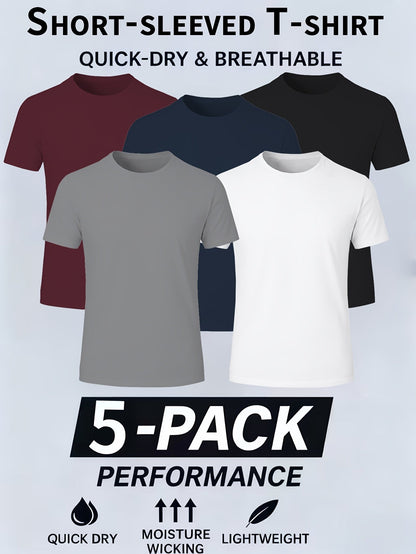 5 Pack Men's Quick-Dry Athletic T-Shirts, Breathable Moisture-Wicking Polyester Crew Neck Sports Tees for Gym, Running, Workout & Casual Everyday Wear
