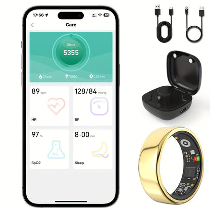 Smart Ring with Charging Case for Men & Women – Health Fitness Tracker, Sleep Tracker, Step Counter, Distance Monitor, Compatible with iPhone & Android, Sizes 7-13, Black, Silver & Gold