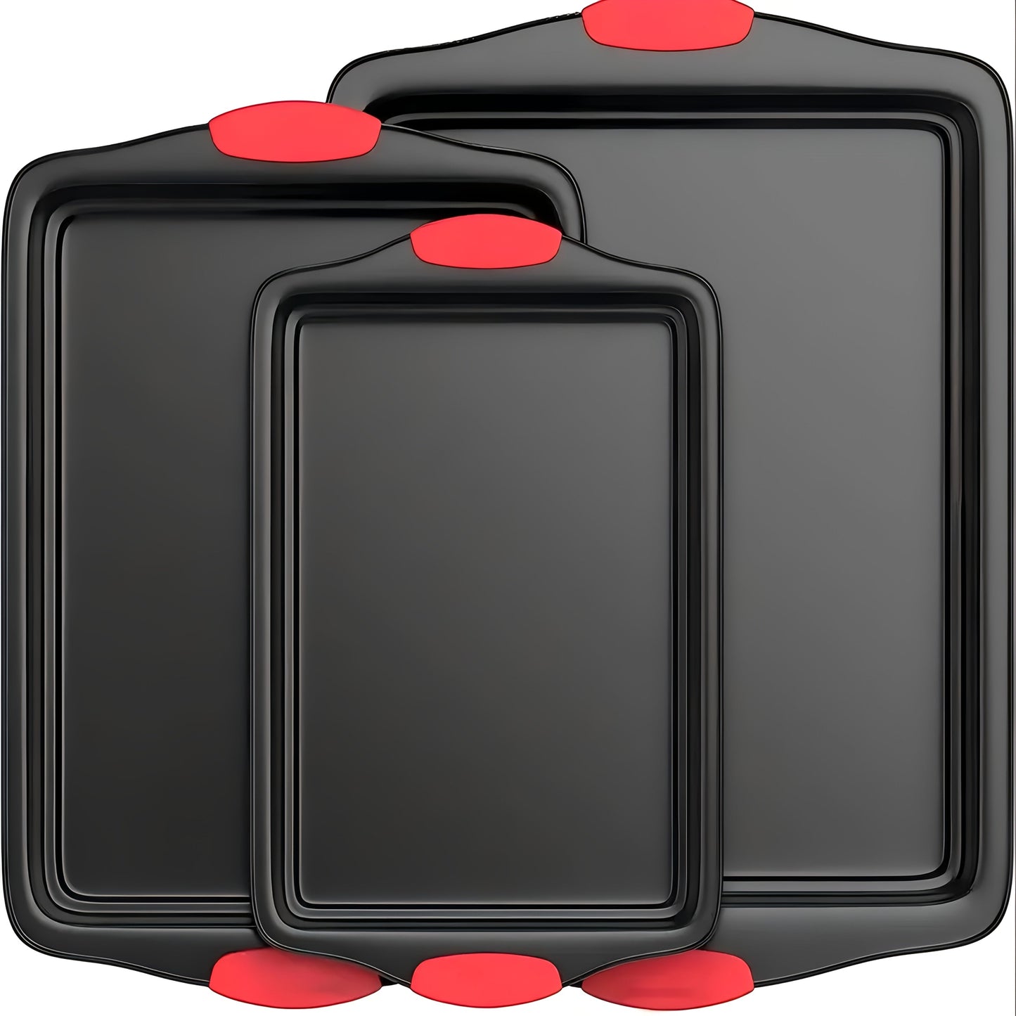 Carbon Steel Non-Stick Baking Pan Set 3-Piece – Commercial Restaurant Grade Oven Safe Bakeware with Red Silicone Handle Double-Sided Coating Sheet Pan Cookie Tray Roasting Pan