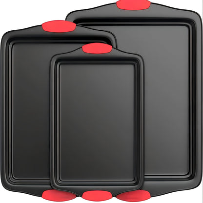 Carbon Steel Non-Stick Baking Pan Set 3-Piece – Commercial Restaurant Grade Oven Safe Bakeware with Red Silicone Handle Double-Sided Coating Sheet Pan Cookie Tray Roasting Pan