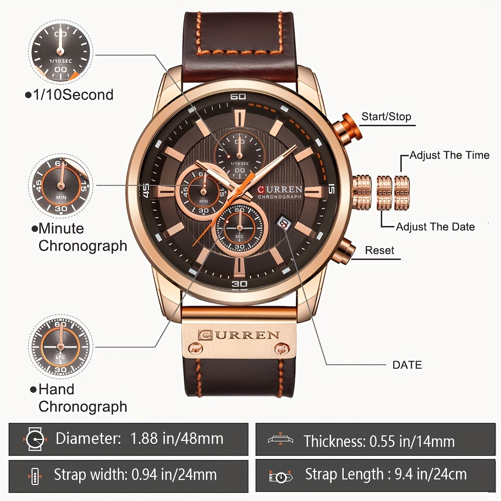Men's Chronograph Sport Quartz Watch with Date Display – Stopwatch Wristwatch for Men 6 Colors Brown Blue Black Grey Casual Business Everyday Watch Gift