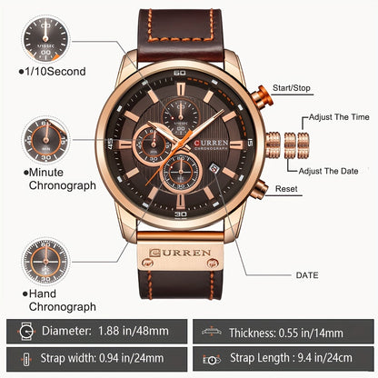 Men's Chronograph Sport Quartz Watch with Date Display – Stopwatch Wristwatch for Men 6 Colors Brown Blue Black Grey Casual Business Everyday Watch Gift