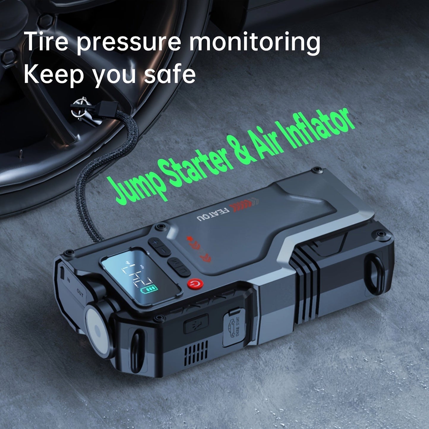 6000A/9000A Portable Jump Starter with 150 PSI Air Compressor – 7-in-1 Jump Box with Digital Tire Inflator & Battery Pack for Gas (10L) & Diesel (9.0L) Engines, Car Jumper Starter with USB Ports